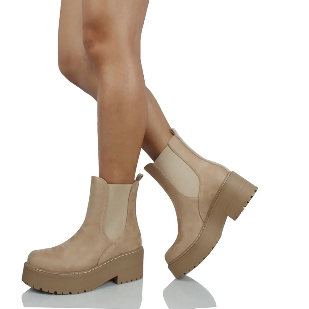 Beige Platform Chelsea Ankle Boots - Women's Suede Booties
